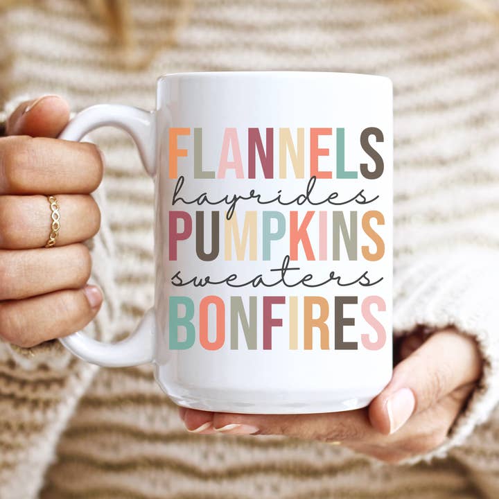 Flannels Hayrides Pumpkins Sweaters Bonfires Mug for wholesale by Fuzzy Loon Designs
