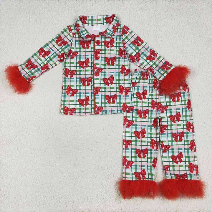 Baby Girls Christmas Fur Sleeve Bows Buttons Top Pants Pajamas Sets for wholesale by Aier Wholesale