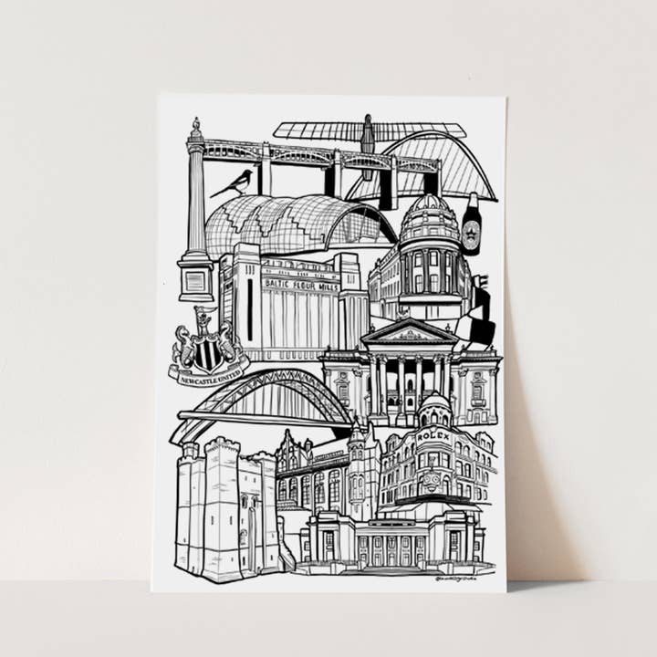 Newcastle Upon Tyne Landmark Skyline Illustration Print for wholesale by LAW Illustrates