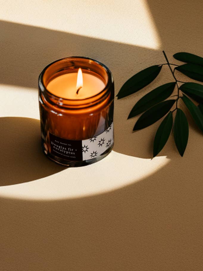 Douglas Fir + Eucalyptus Coco-Soy Wax Cotton Wick Amber Jar for wholesale by Day Moon Co.