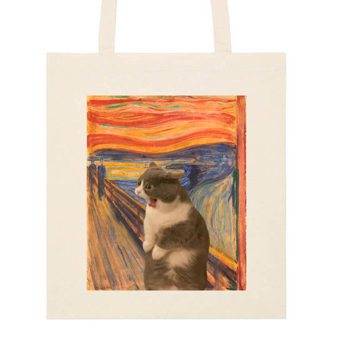 ZZZEBRAAA LIMITED - Venta al por mayor Bolsa grande - Unisex - El Grito Gato Meme Bolsa de Tela Arte Vintage Meme Edvard Munch