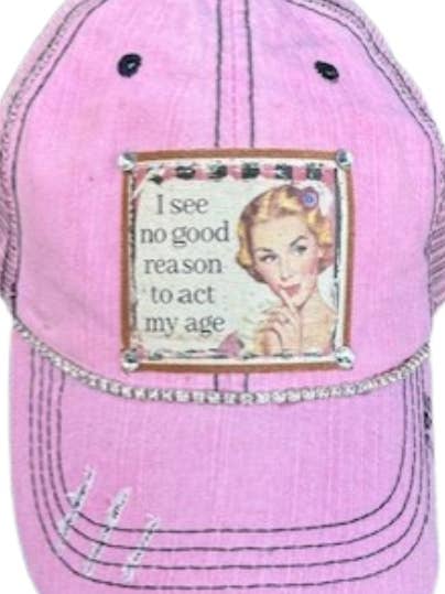 (295) "I SEE NO GOOD REASON TO ACT " DISTRESSED TRUCKER HAT for wholesale by Jana's Flannels
