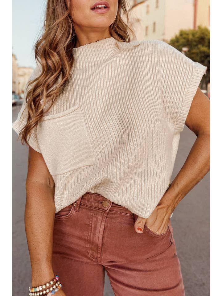 66DISCO - Wholesale Knit Sweater - Women's - Patch Pocket Ribbed Knit Short Sleeve Sweater (S-2XL)