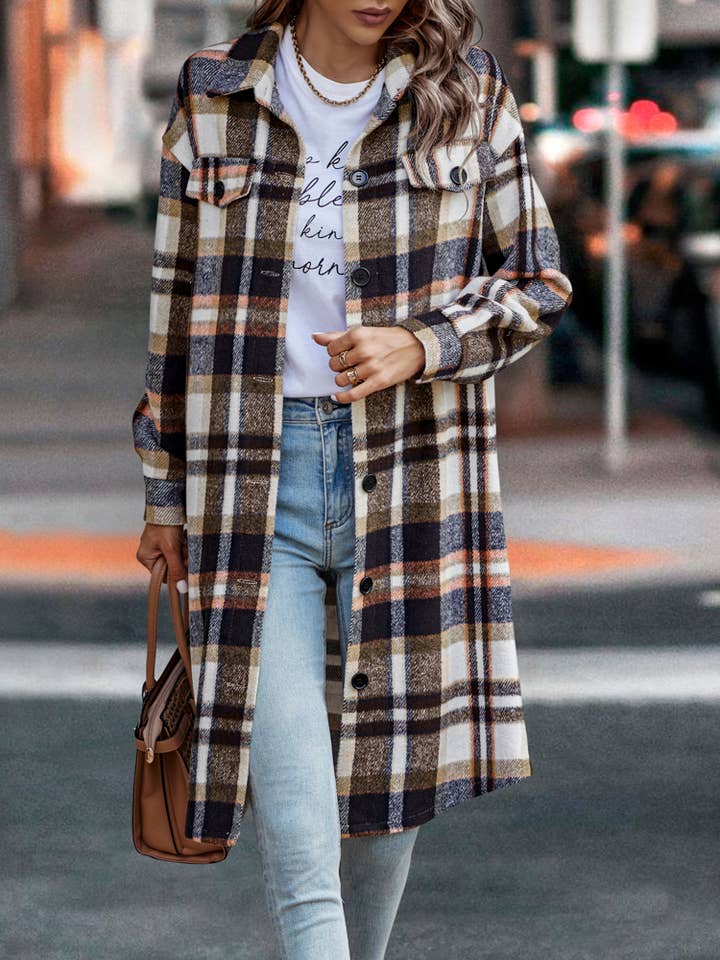 eLook - Vente Manteau – femme - Manteau long boutonné à carreaux SZ1-JK821154