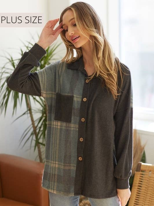 lovely melody - Wholesale Shirt Jacket/Shacket - Women's - LMT2873PL-PLUS SIZE Plaid Colorblock Shacket0