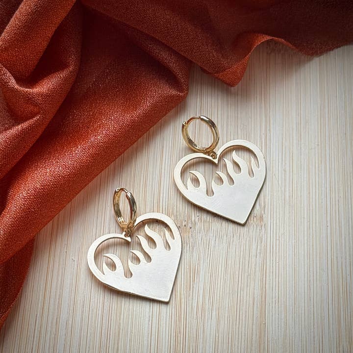 18k Gold Plated Flame Heart Huggie Hoops for wholesale by Monstera Earrings