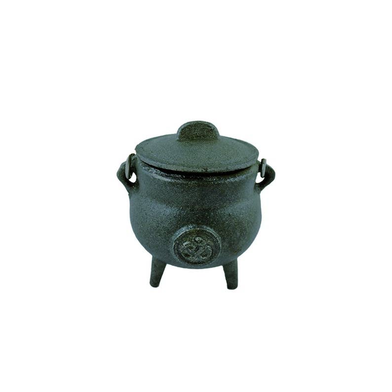 Designs by Deekay Inc. – wholesale Incense holder – Mini OM Cast Iron Cauldron w/ Lid (3.5 in.)