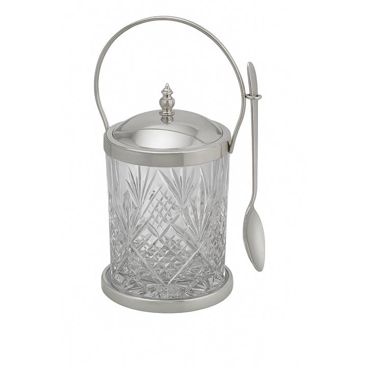 English Sterling Silver & Crystal, Pickle Jar & Spoon. for wholesale by Corbell Silver