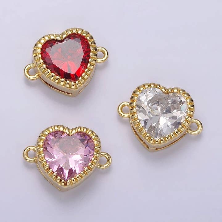 Gold Filled 9.5mm Red, Pink, Clear CZ Heart Line-Textured Connector G-717 - G-719 for wholesale by Aim Eternal