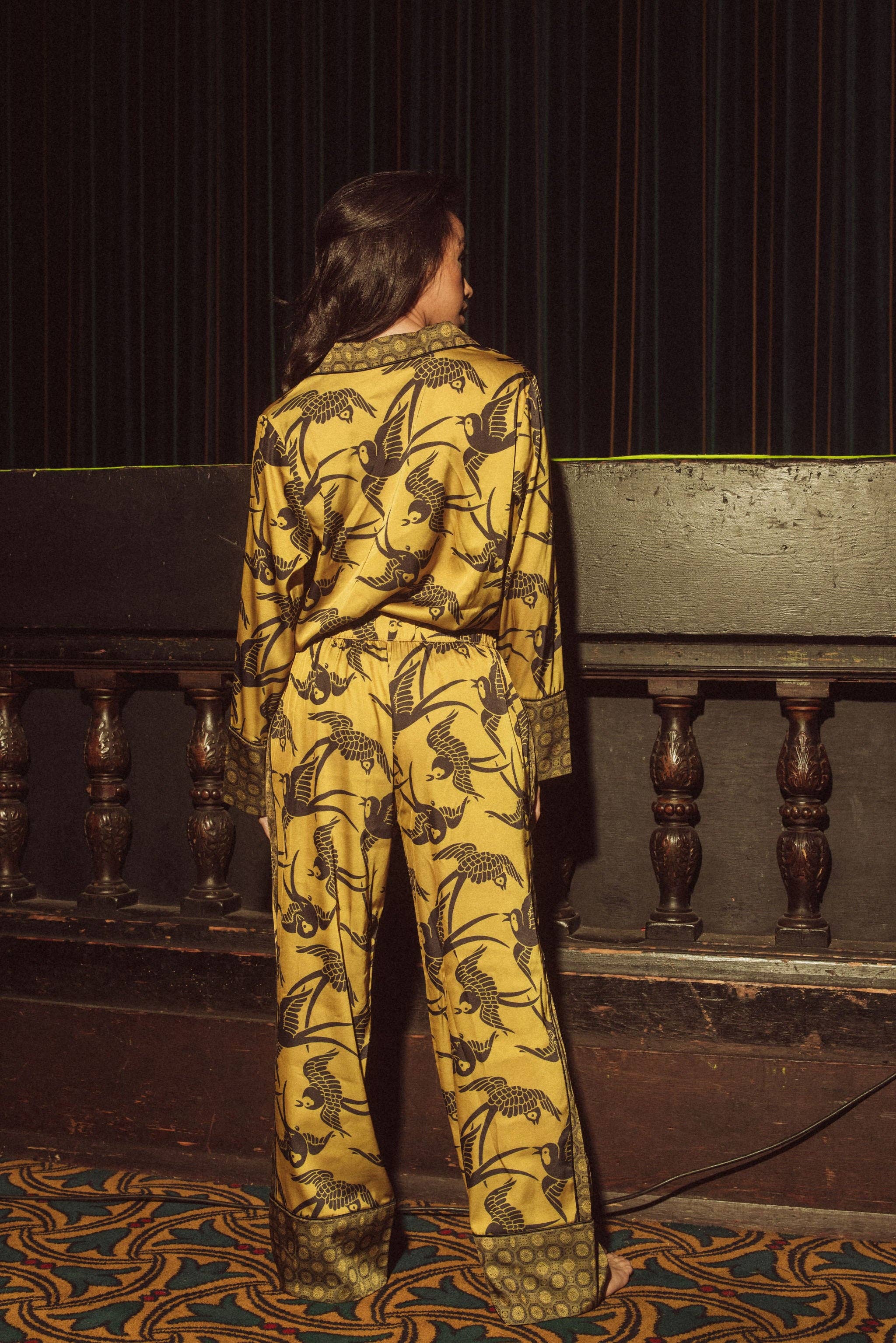 GOLD KILO BRAVA SATIN COLLECTION- ANTIQUE SWALLOWS- LONG PJ SET for wholesale on Faire3