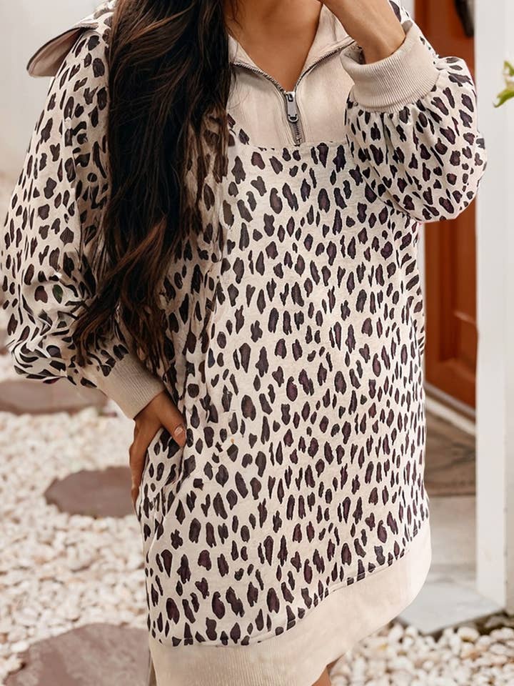 LDC Leopard Print Ribbed Large Collar Patchwork Shift Dress for wholesale by Little Daisy Closet