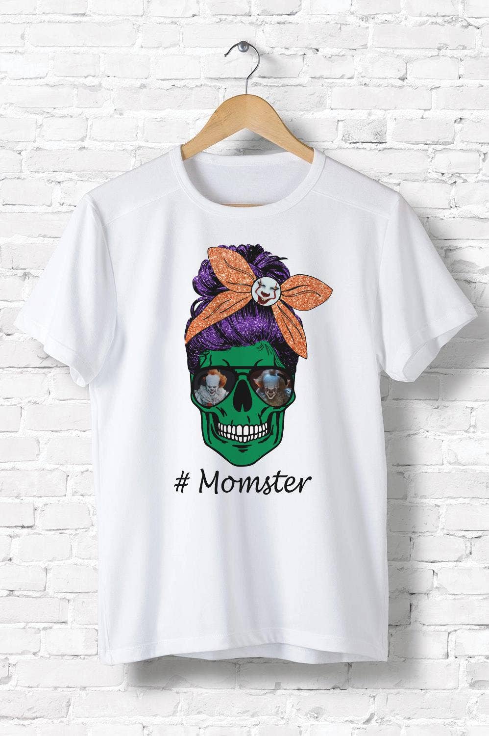 White Pennywise Skull Momster Messy Bun Shirt, Horror Mom for wholesale on Faire0