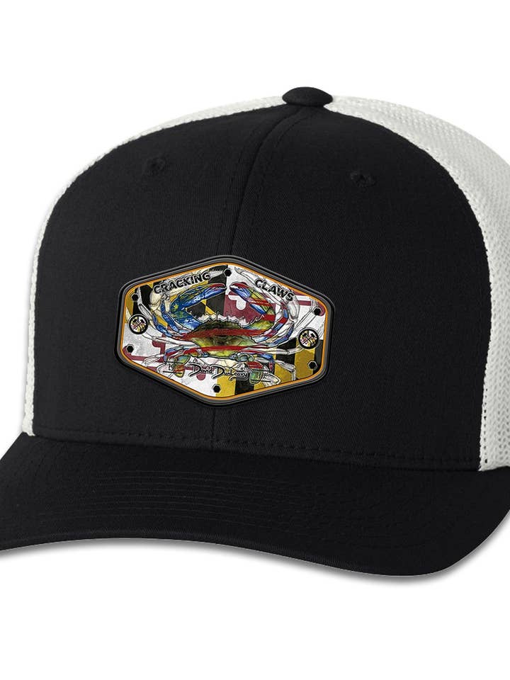 Cappello Trucker Flexfit a 6 Pannelli Nero Bianco con Granchio Blu Americano del Maryland per la vendita all'ingrosso da parte di David Dunleavy