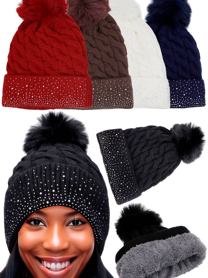 Drizzle Bling Cuff Cable Knitted Pom Pom Beanie for wholesale by Cap Zone