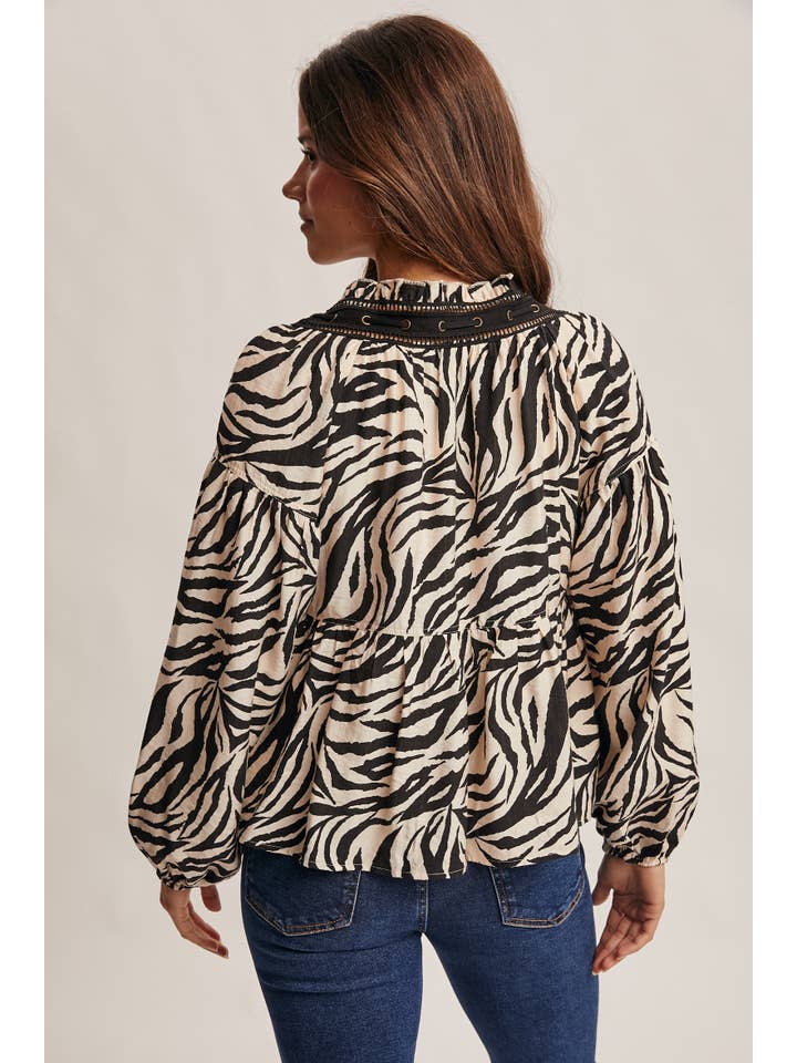 Forte - Wholesale Blouse - Women's - Zebra Jacquard Blouse with Faux Leather Trim FT002310