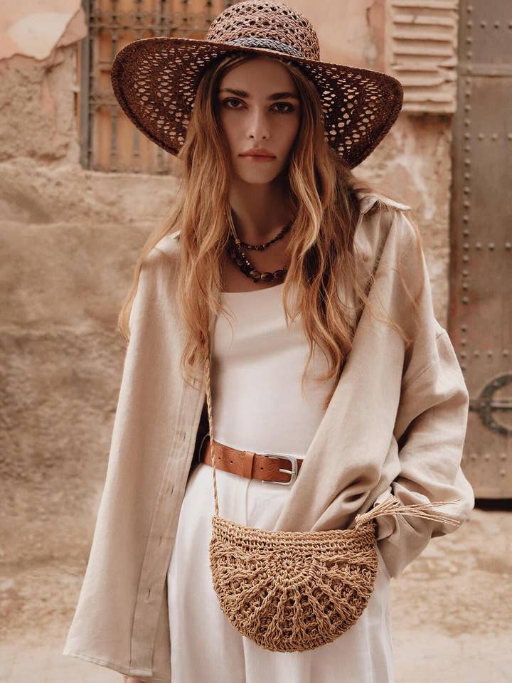 Mini-tas van stro met patroon, naturel voor wholesale door MANUKA