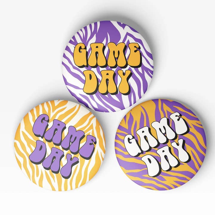 Purple & Gold Game Day Buttons for wholesale by Tailgated Co.