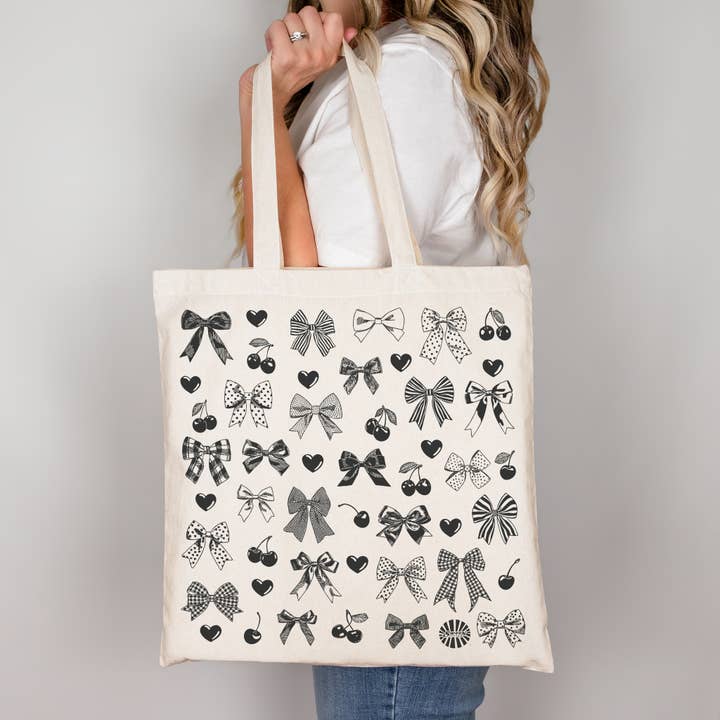 Sween Shop - Wholesale Tote Bag - Women's - Cherry Heart & Bow Coquette Canvas Tote Bag Gift2