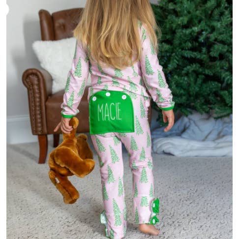 Sugar Bee Clothing – wholesale Sleepwear set – Kids – Christmas 2025 Pajamas - Ruffle Buttflap - Pink Trees 1