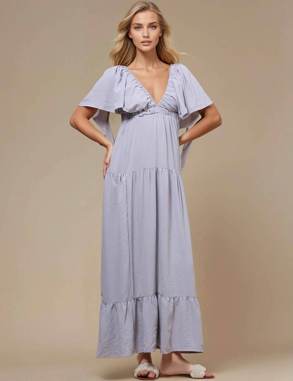 Sweetkama - Vente Robe – femme - Robe maxi unie décolleté en V et dos nu SKD15319