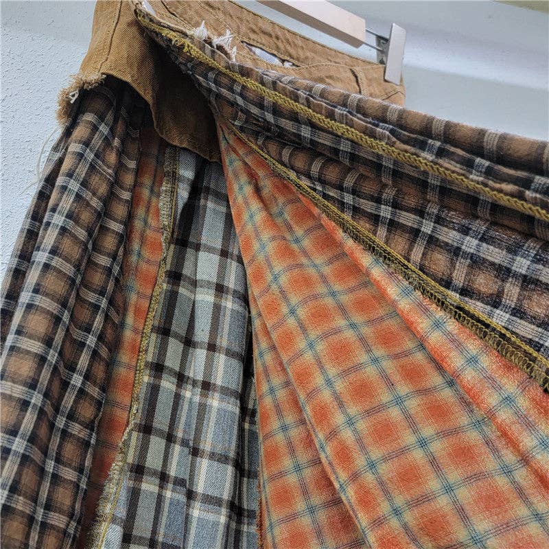 Sanyao Fashion – wholesale Skirt – Women’s – M188 Spliced Plaid Denim High Waist A-Line Midi Skirt7