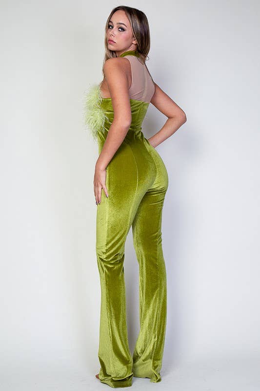 Chartreuse Ostrich Fur And Mesh Contrast Velvet Jumpsuit for wholesale on Faire2