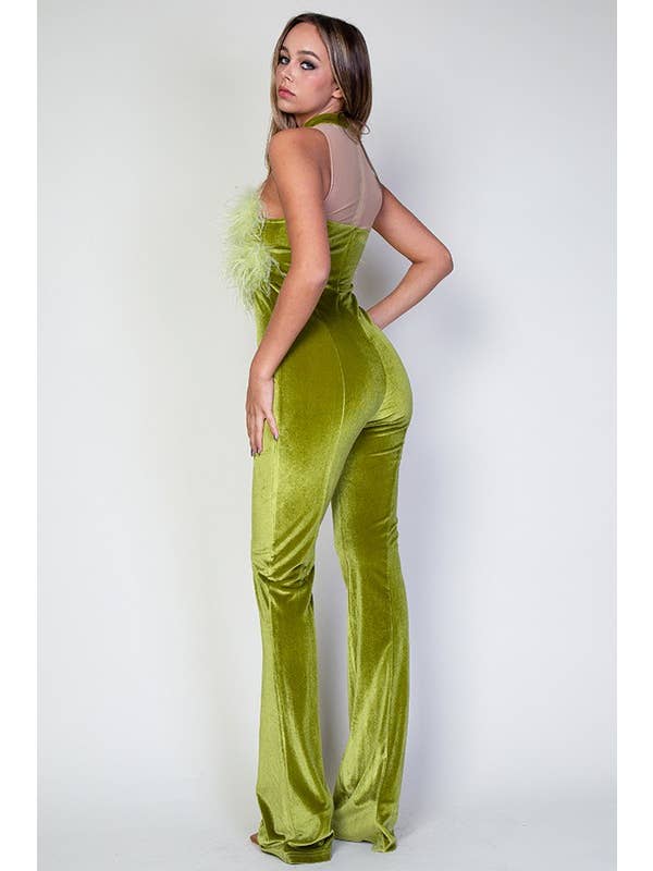 Chartreuse Ostrich Fur And Mesh Contrast Velvet Jumpsuit for wholesale on Faire2