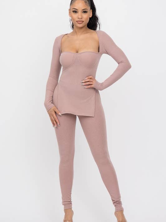 Side Slit Long Sleeve Top W Pant Set for wholesale by Belita Collection