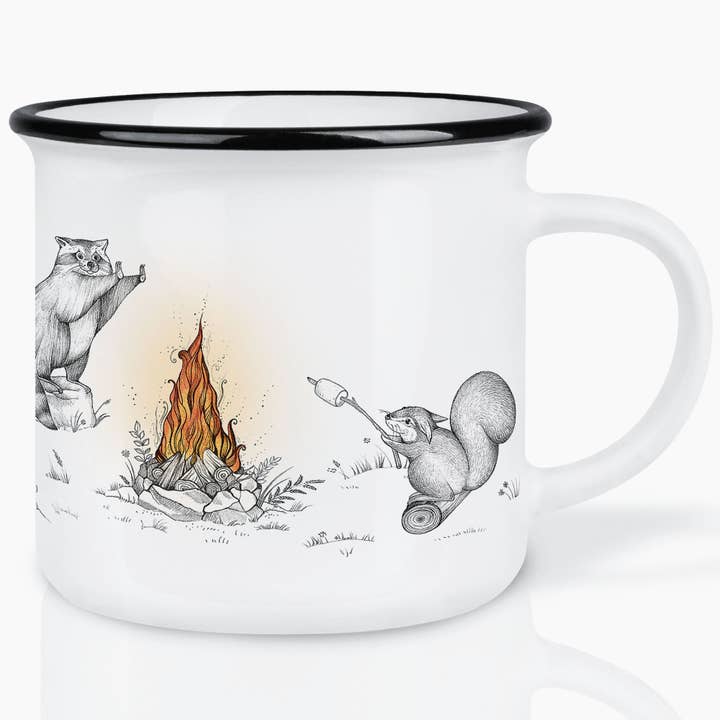 Ceramic mug - moles, raccoon, and squirrel at the campfire for wholesale by LIGARTI