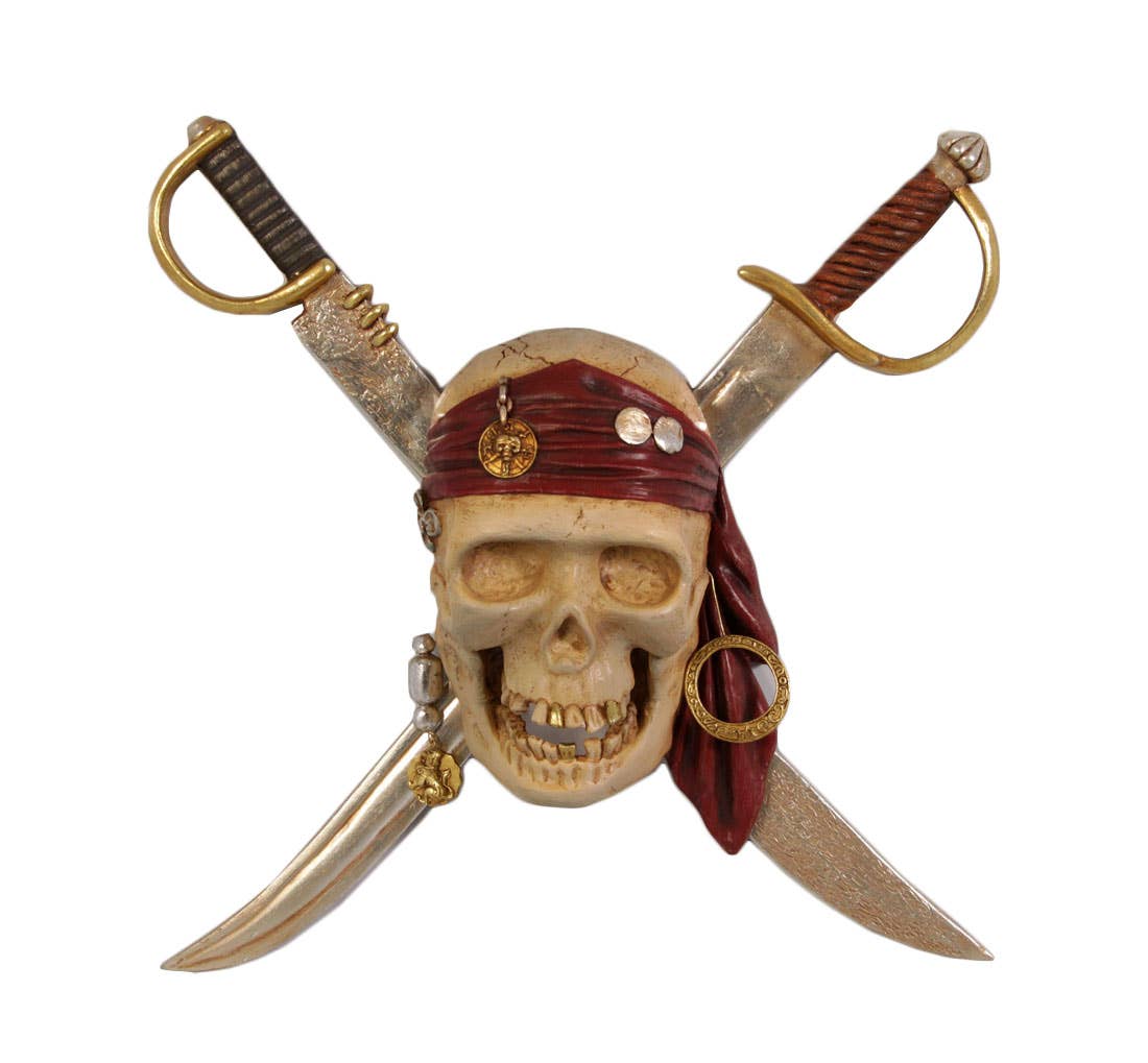 Nautical Tropical Imports - Wholesale Sculpture - Pirate Pillage Skull With Swords Wall Mount Sculpture 24"h1