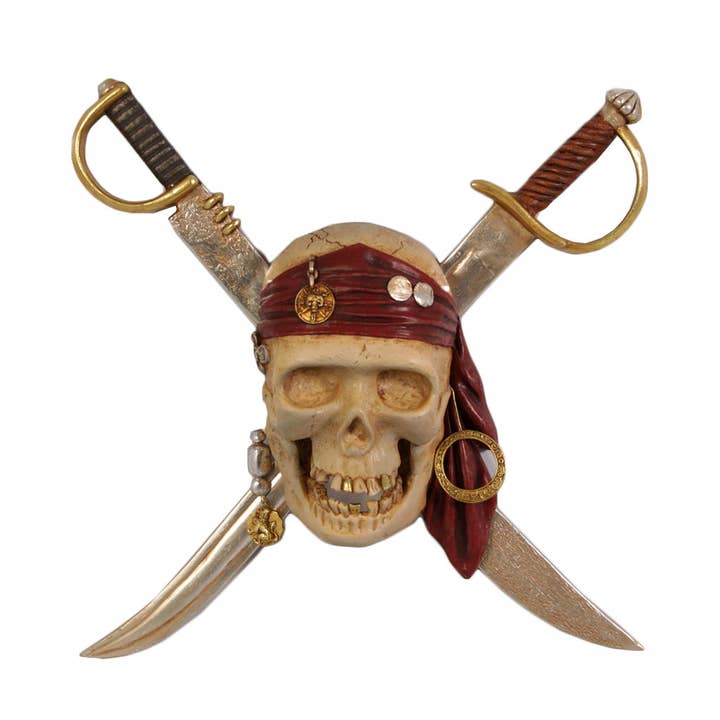Nautical Tropical Imports - Wholesale Sculpture - Pirate Pillage Skull With Swords Wall Mount Sculpture 24"h1