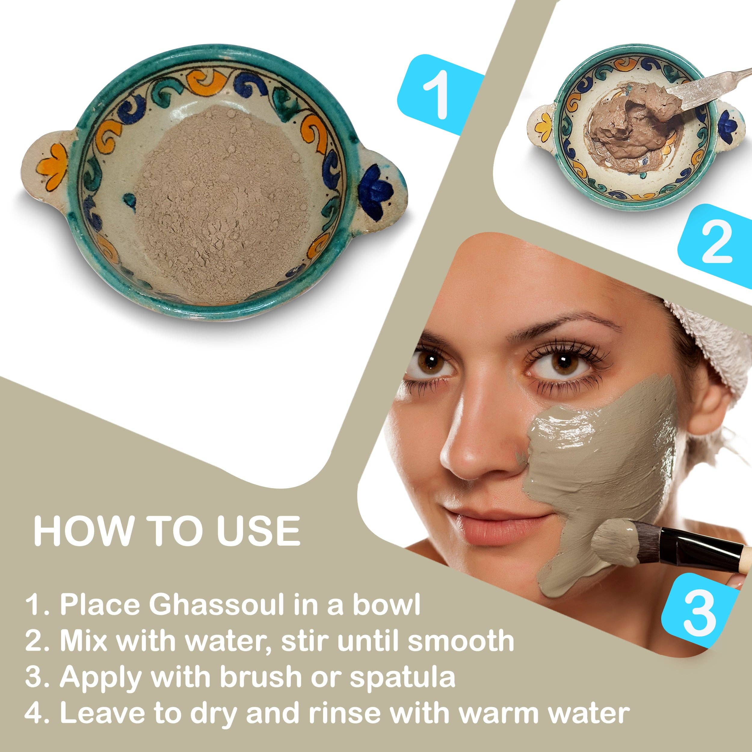 Zakia's Morocco - Vente Masque pour le visage - Masque à l'argile Rhassoul du Maroc - Masque facial naturel et biologique et traitement de soin de la peau - Masque de boue anti-âge pour peau sèche et grasse, acné, eczéma et psoriasis - 8 oz6