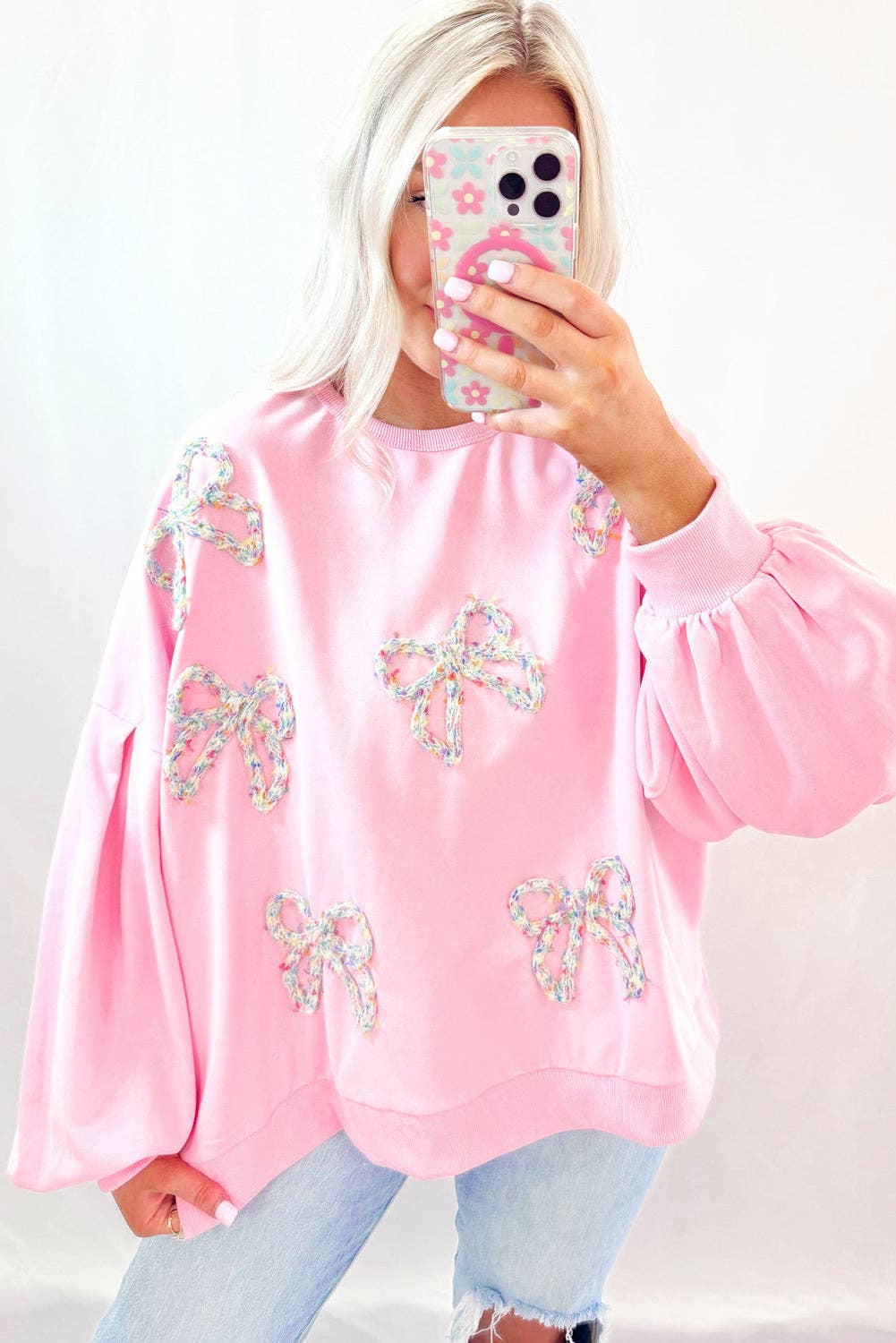 Light Pink Embroidered Bow Lantern Sleeve Oversized Pullover Sweatshirt for wholesale on Faire2