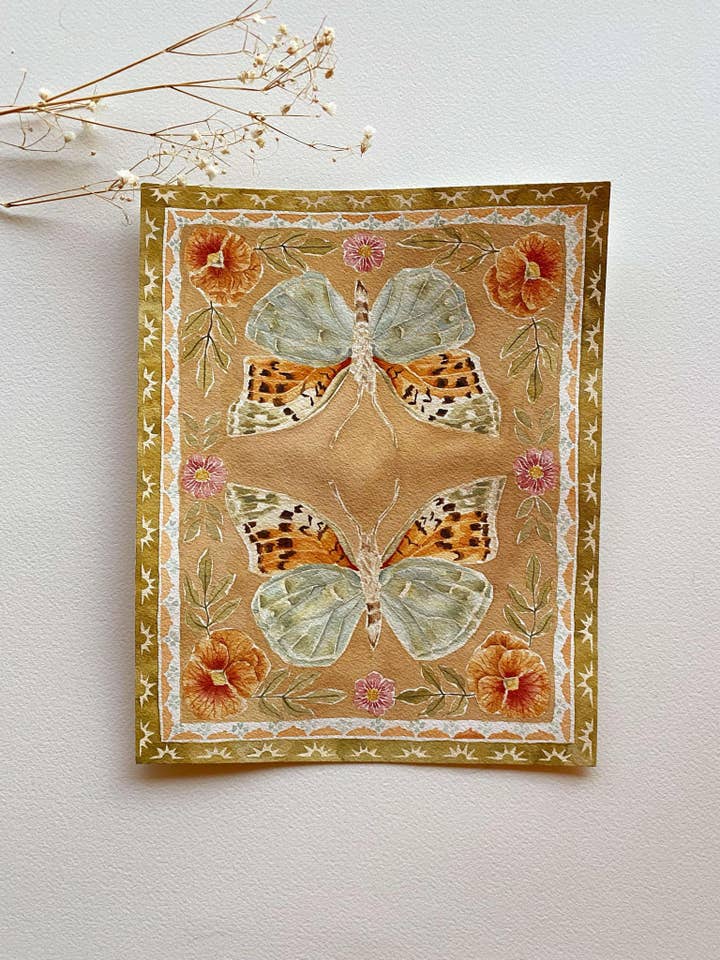 Turquoise and Tangerine Mirrored Butterflies Print for wholesale by Lindsey Wells Art