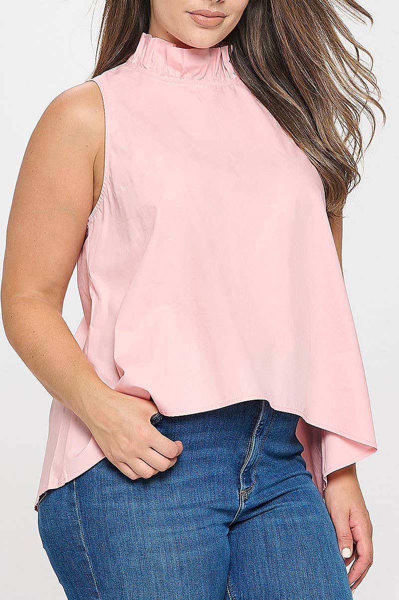 ROUSSEAU - Wholesale Blouse - Women's - PLUS SIZE SLEEVELESS RUFFLE NECK SOLID TOP1