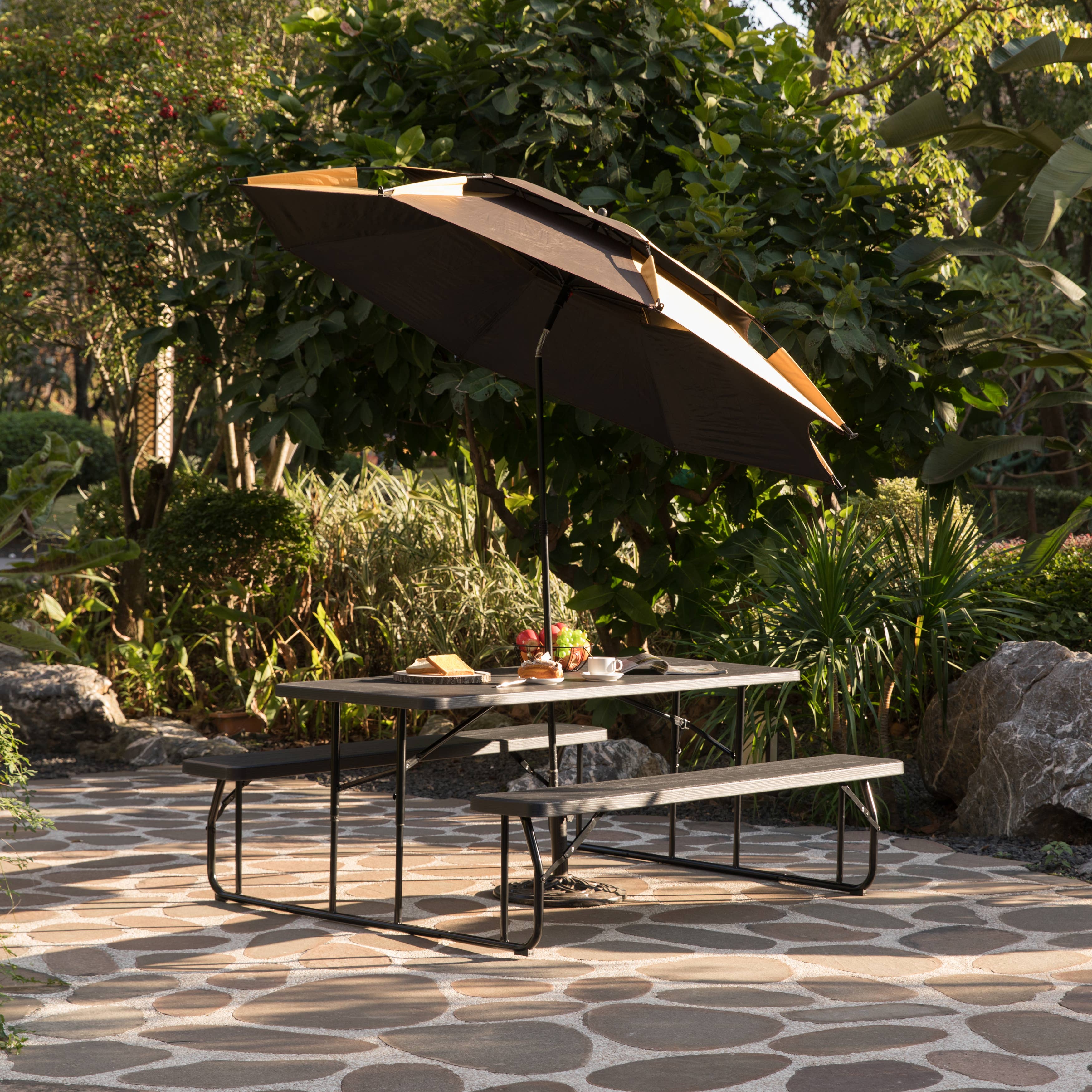 Quickway Imports - Vente Salon de terrasse - Set de table de pique-nique pliable extérieur effet bois avec structure métallique4