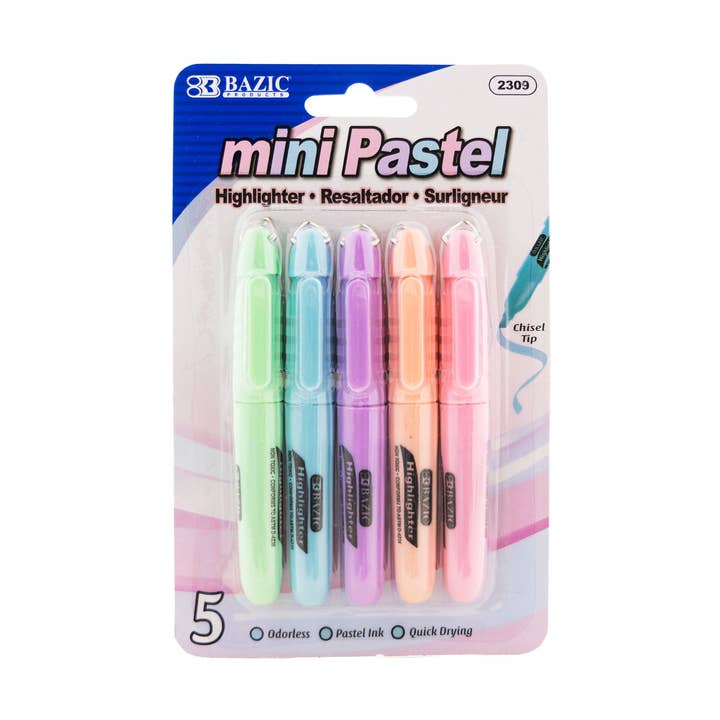 Mini Pastel Assorted Colors Highlighter w/ Cap Clip (5/Pack) for wholesale by BAZIC Products