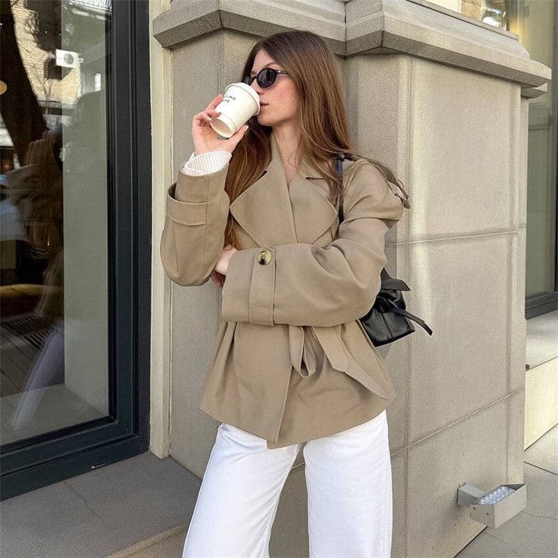 KHAKI Mid-Length Sleeve Lapel Tie-Waist Trench Coat for wholesale on Faire5