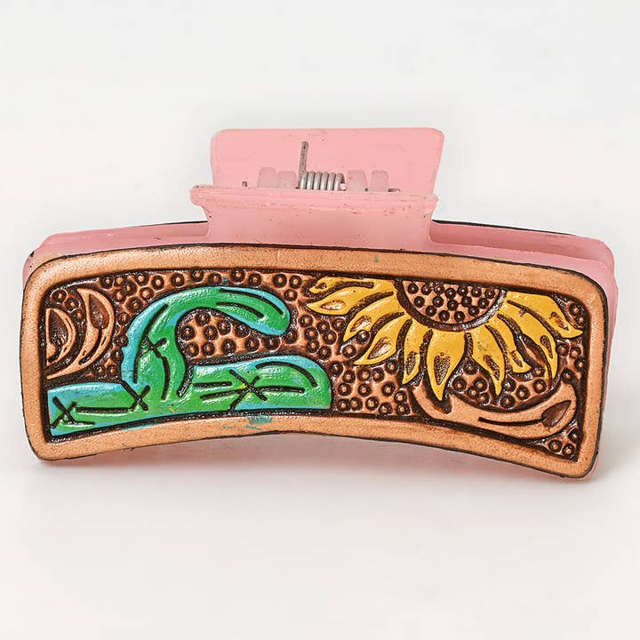 LS Western - Wholesale Hair clip – Women’s - ADHC118 Sunflower & Cactus Tooled Leather Hair Band Pink Clip Clutcher - Western Pink Clip | American Darling1
