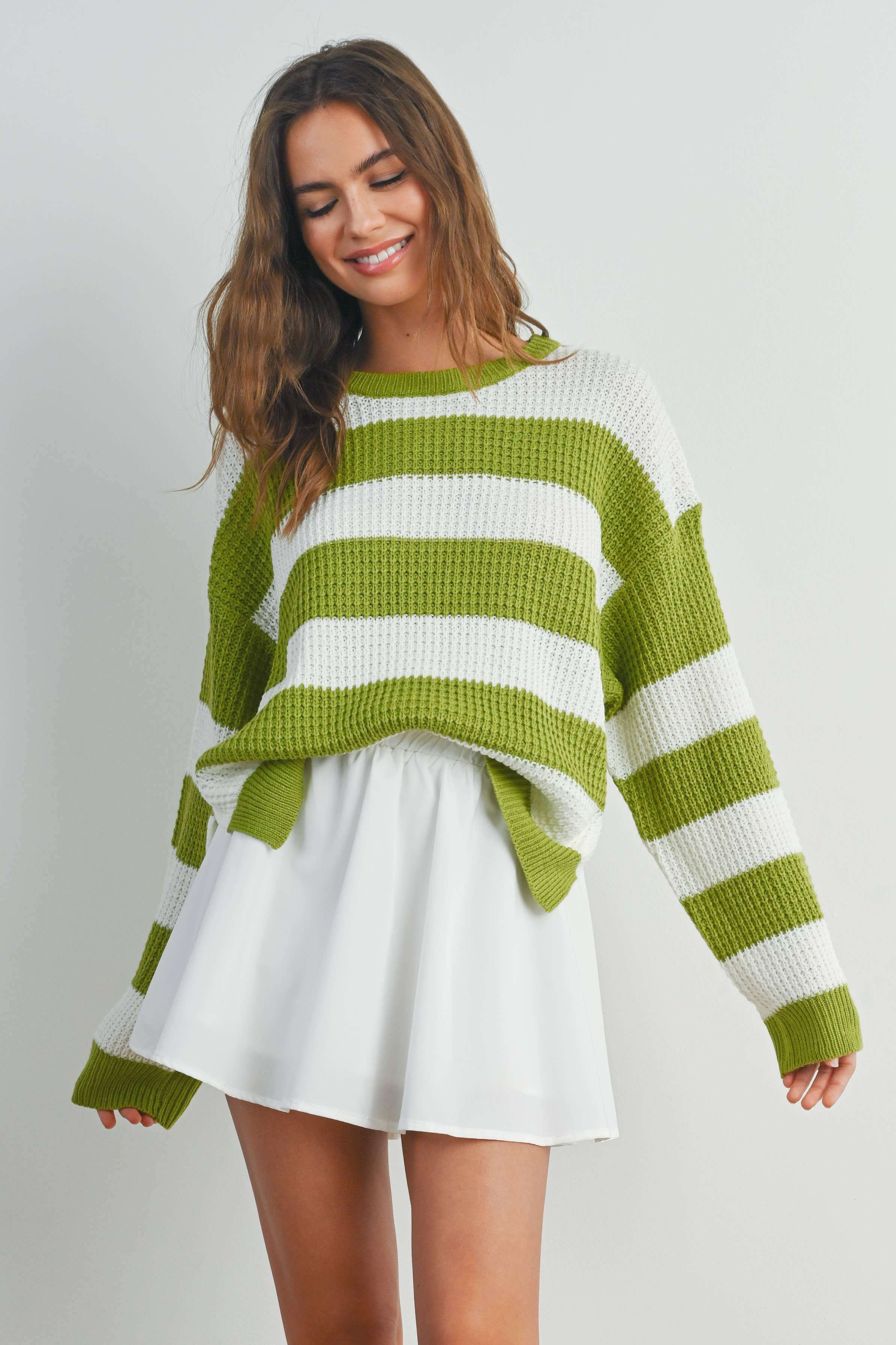 BUTTERMELON - Wholesale Knit Sweater - Women's - Striped Round Neck Long Sleeve Sweater - BMW732912