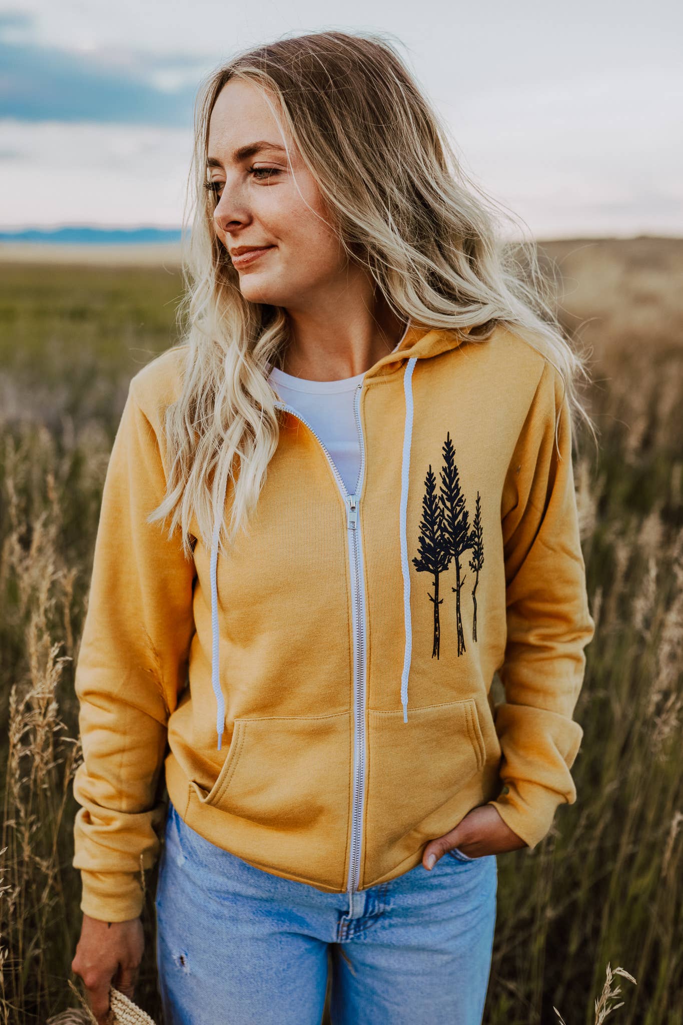 Rustic Three Tree Unisex Zip Hoodie- Mustard for wholesale on Faire