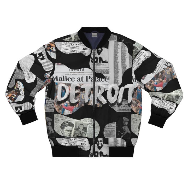 Detroit Newspaper Cutout Kimante All Black AOP Bomber Jacket for wholesale by Kimante Clothing