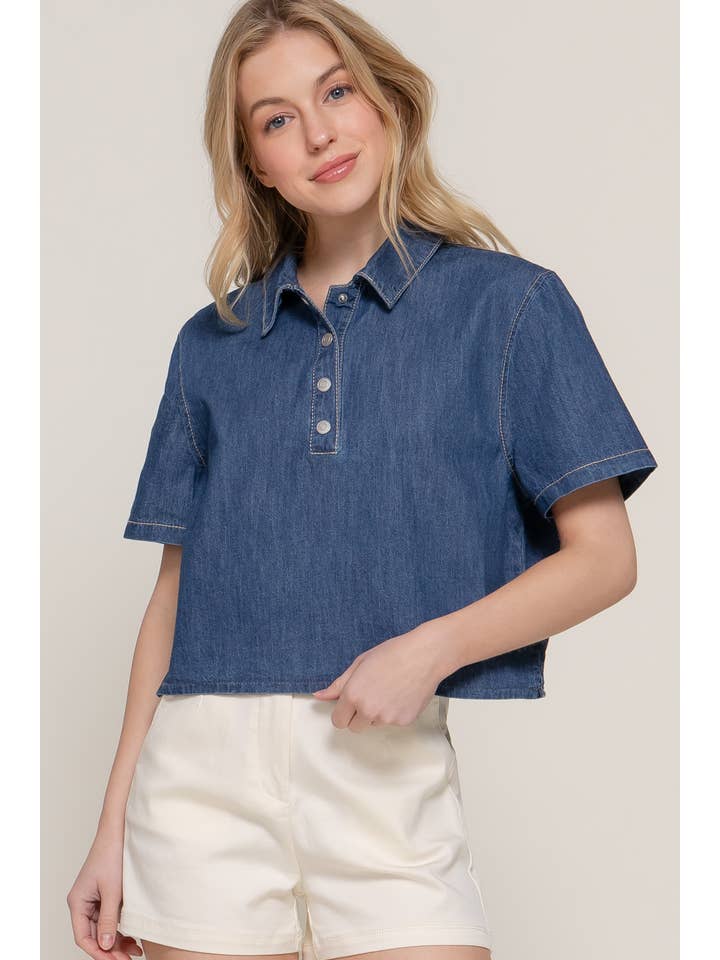 Blauw-donker denim Boxy spijkerblouse met korte mouwen voor groothandel op Faire