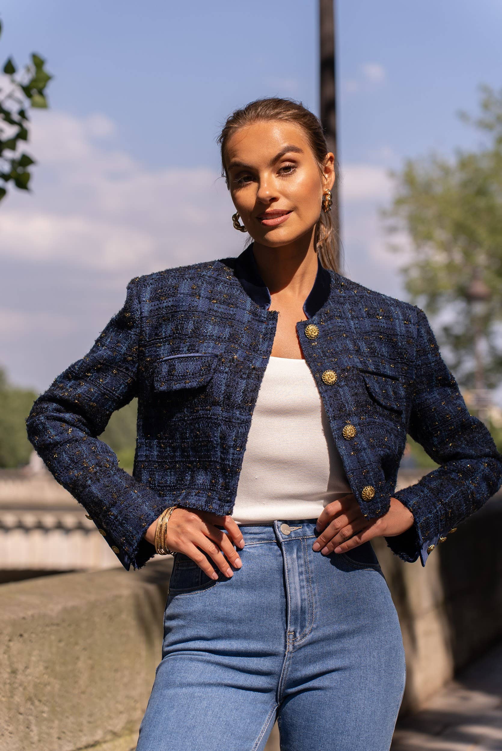 Attentif Paris – wholesale Blazer – Women's – Colourful velvet collar cropped tweed blazer jacket0
