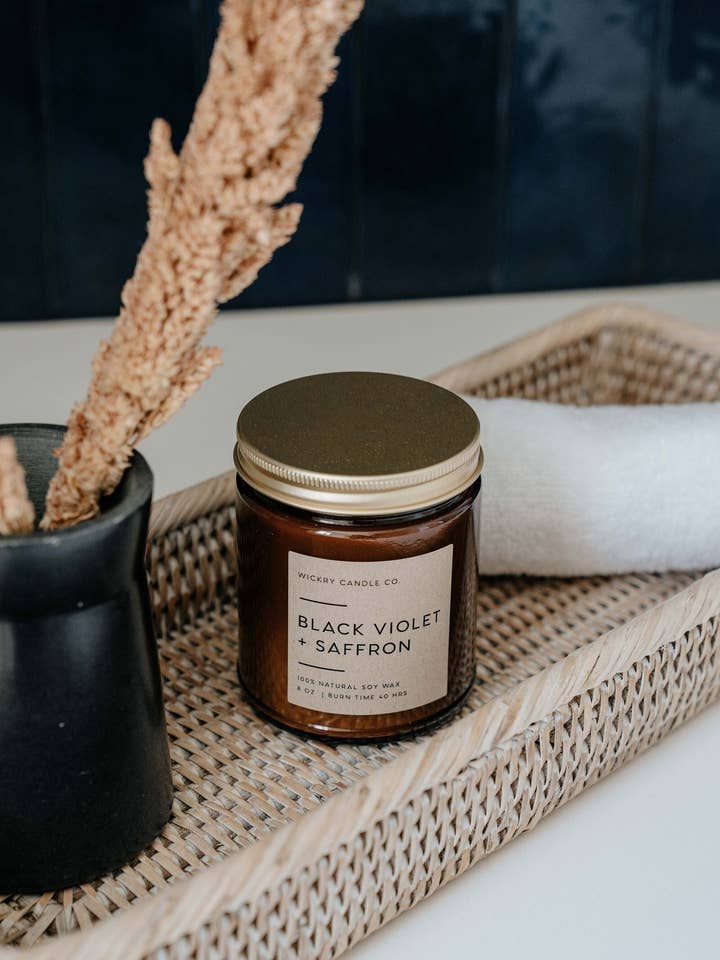 Black Violet & Saffron 8 oz Soy Candle for wholesale by Wickry Candle Co.