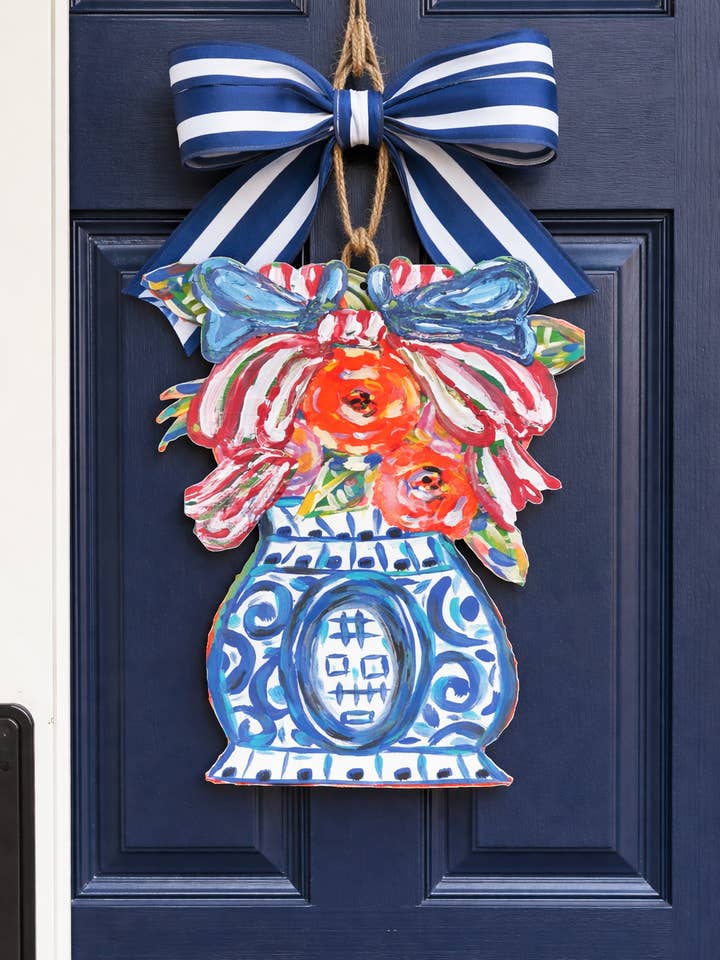 LARGE Designer Patriotic Florals in Ginger Jar Door Hanger for wholesale by Mid Mod Design LLC