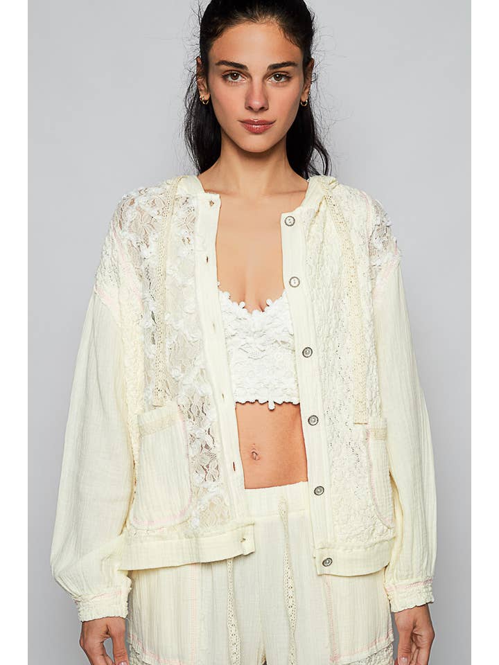 Pol Clothing - Wholesale Jacket - Women's - Balloon Sleeves Lace Solid Knit Hoodie Jacket SALE8