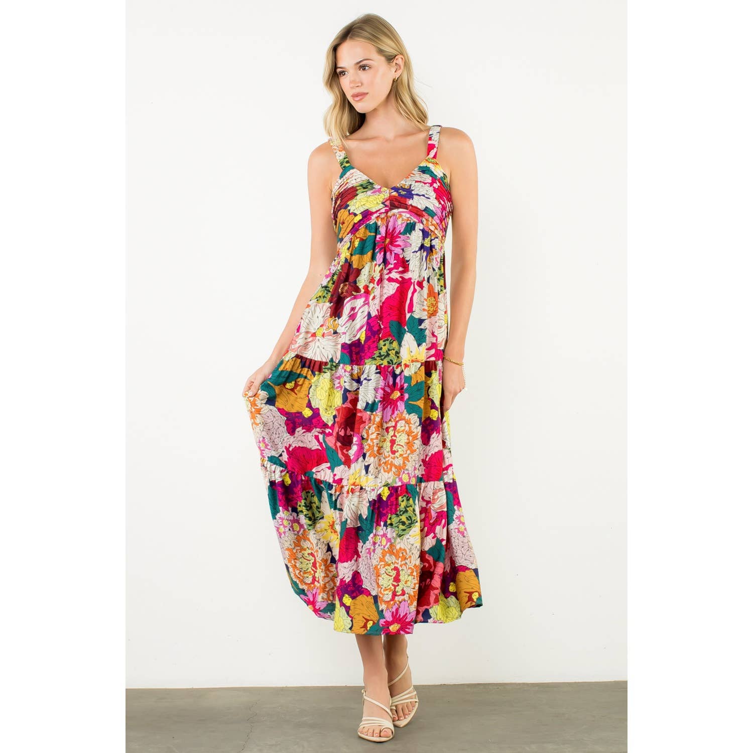 FUSCHIA Floral Strap Tiered Maxi Dress for wholesale on Faire6