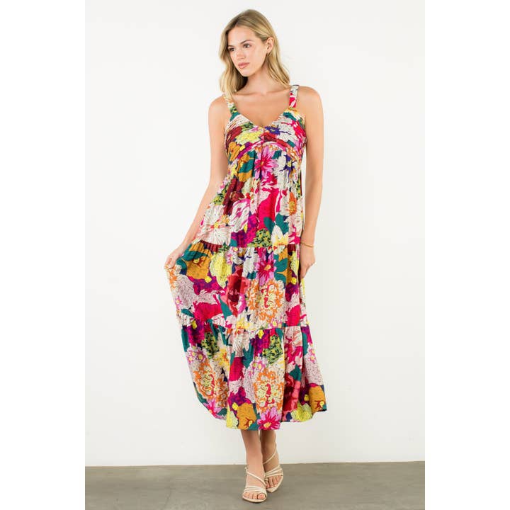 FUSCHIA Floral Strap Tiered Maxi Dress for wholesale on Faire6