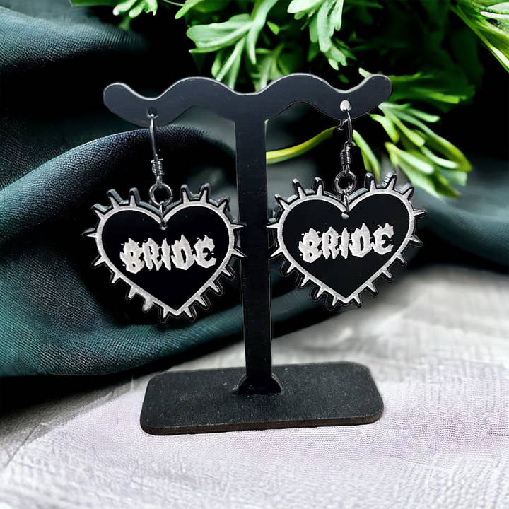 Gothic Bride Acrylic Spike Heart Earrings for wholesale by Ghoul Mom Designs